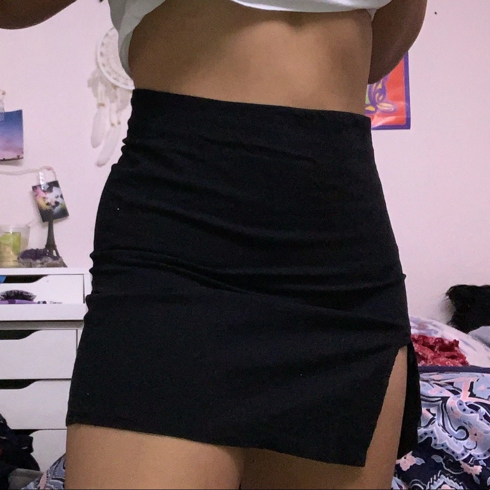 Black Zip Up Mini Skirt with Slit
